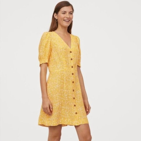 H&M Women's Yellow Ditsy Floral Puff Sleeve‎ Button Up Dress, Size M - Picture 1 of 8
